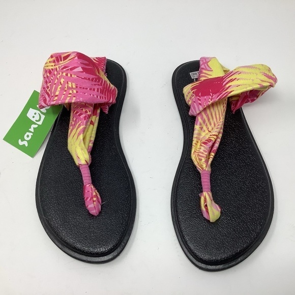 Sanuk Yoga Sling Print Sandals Pink and Yellow - Picture 1 of 5